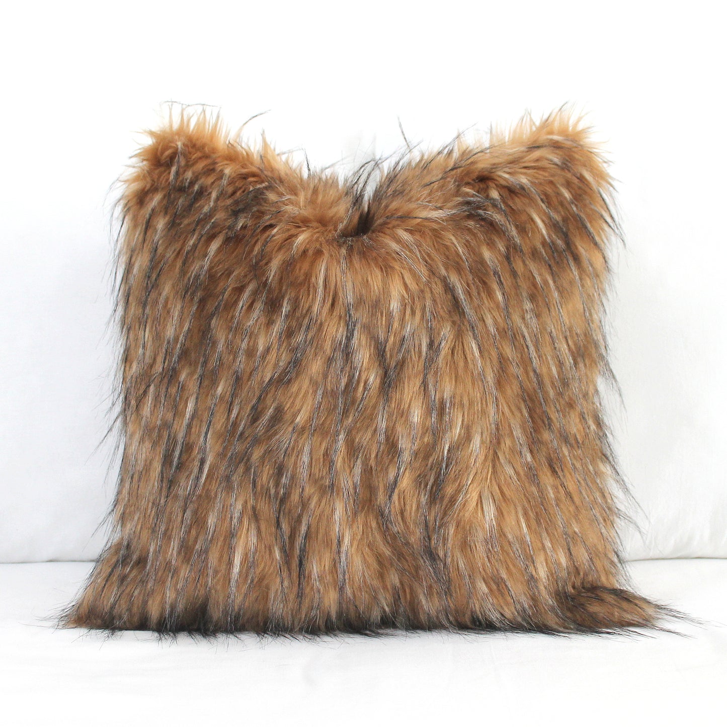Brown Wolf Faux Fur Pillow Cover - Custom Backing Color