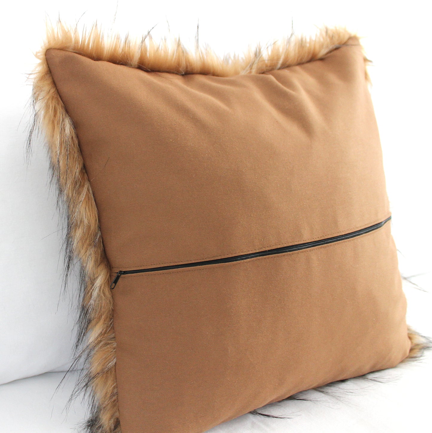 Brown Wolf Faux Fur Pillow Cover - Custom Backing Color