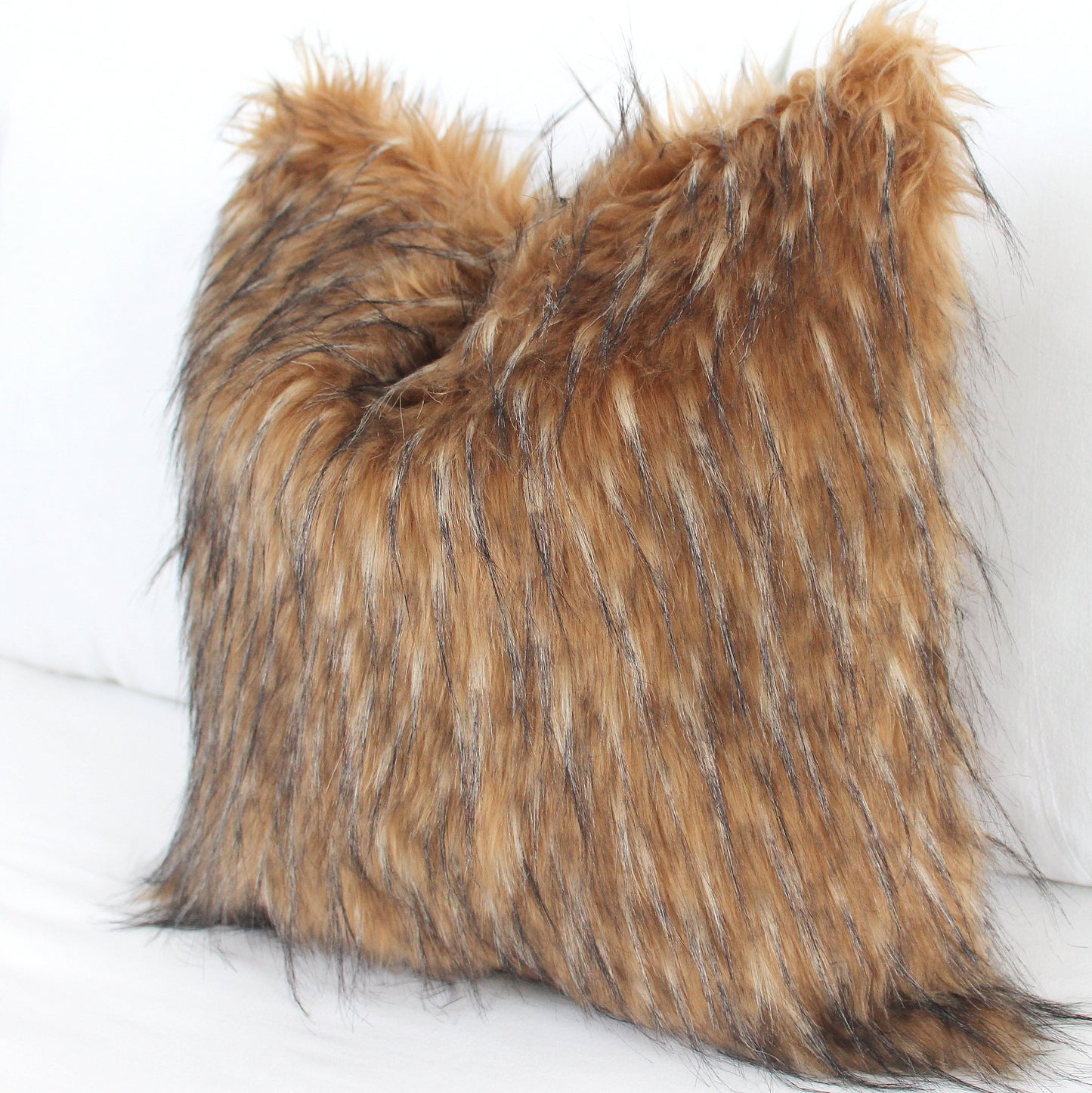 Brown Wolf Faux Fur Pillow Cover - Custom Backing Color