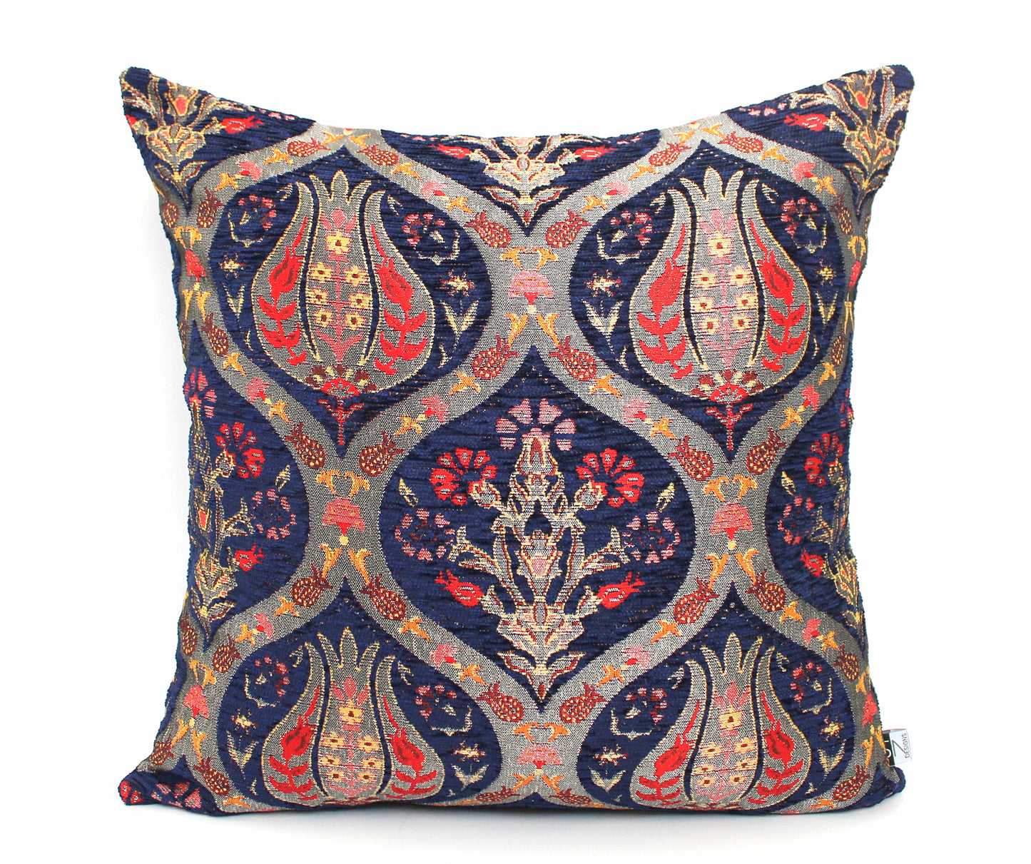 Navy blue and gold chenille pillow cover, Gorgeous textured Turkish Kilim with traditional tulip motifs. All orders ship fast with UPS express.
