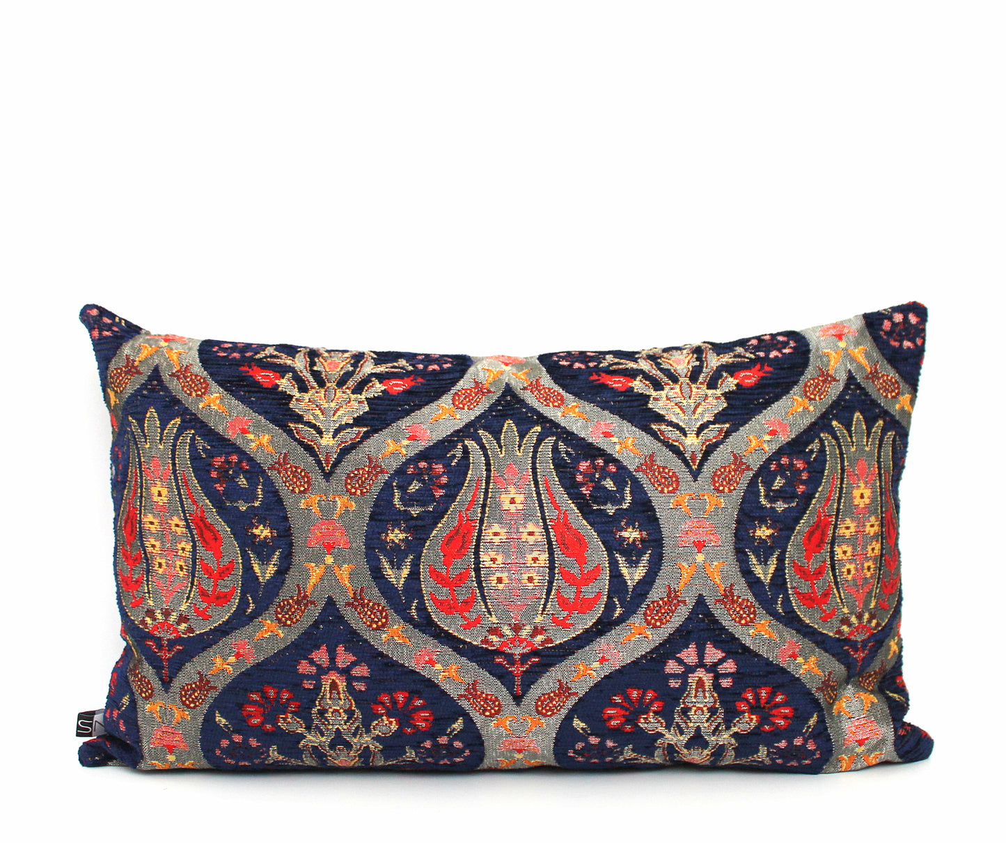 Navy blue and gold chenille pillow cover, Gorgeous textured Turkish Kilim with traditional tulip motifs. All orders ship fast with UPS express.