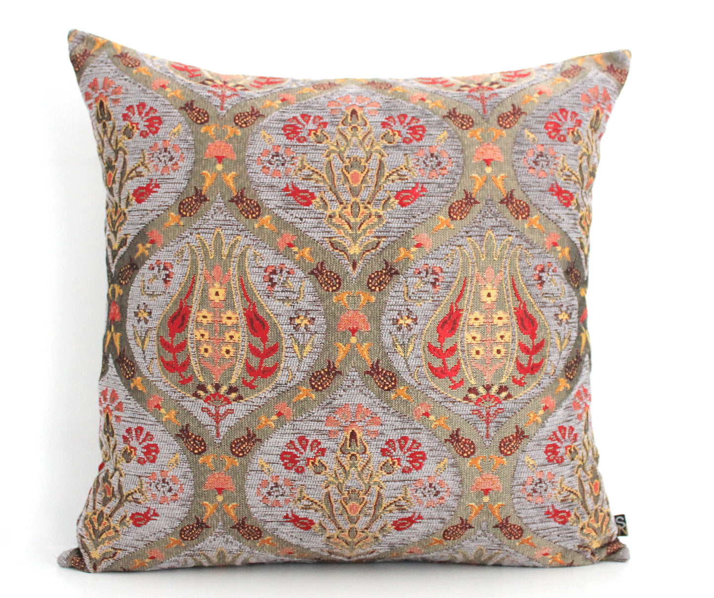 Grey chenille pillow cover with gold detailed tulip patterns, authentic high quality Turkish design, affordable and timeless.