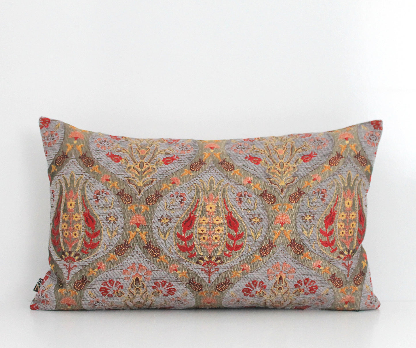 Grey chenille pillow cover with gold detailed tulip patterns, authentic high quality Turkish design, affordable and timeless.