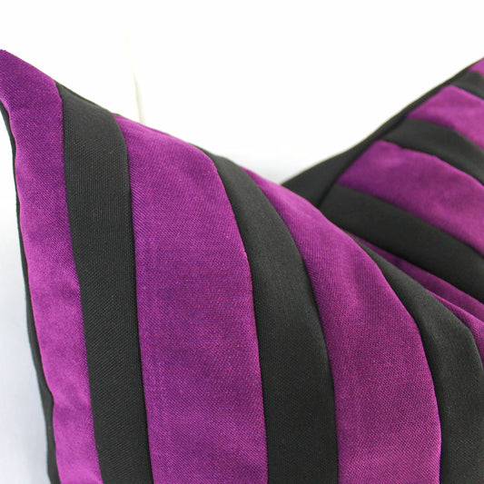 Purple and Black Striped Velvet Color Block Throw Pillow Cover