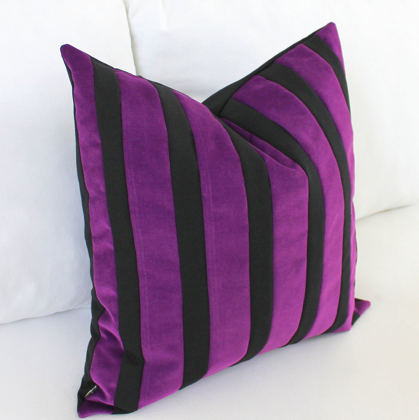 Purple and Black Striped Velvet Color Block Throw Pillow Cover