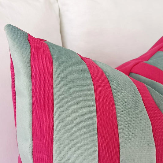 Aqua Glass & Magenta Hot Pink Striped Velvet Color Block Throw Pillow Cover