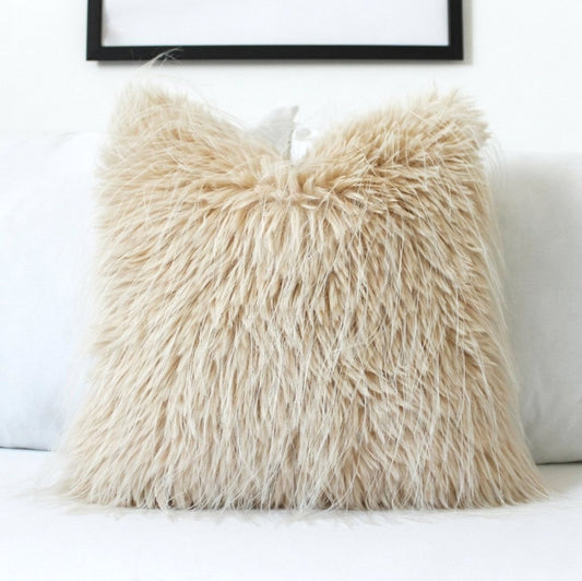 Oatmeal Faux Fur Lumbar Pillow Cover, Custom Color Back