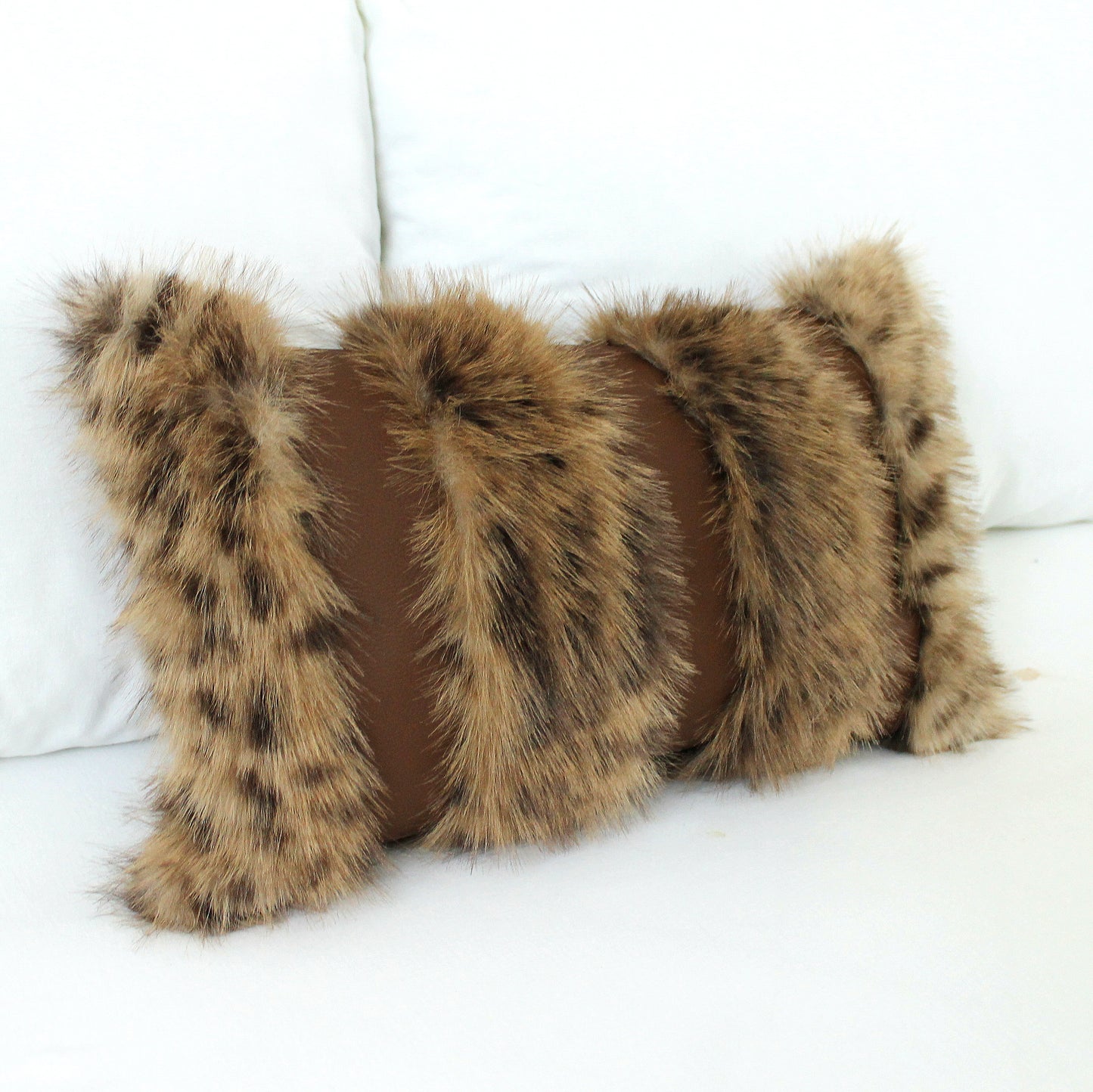 Lynx Faux Fur & Chestnut Leather Pillow Cover