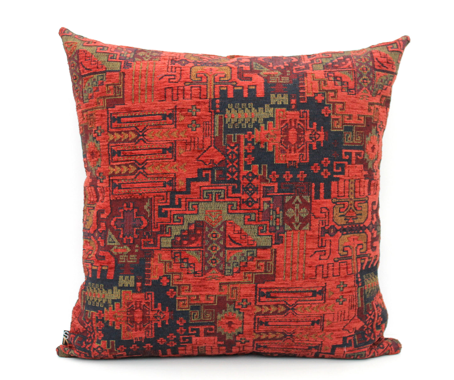 Burnt orange pillow cover in textured chenille fabric, woven high end Turkish kilim patten for an authentic feel. All orders ship fast with UPS express.