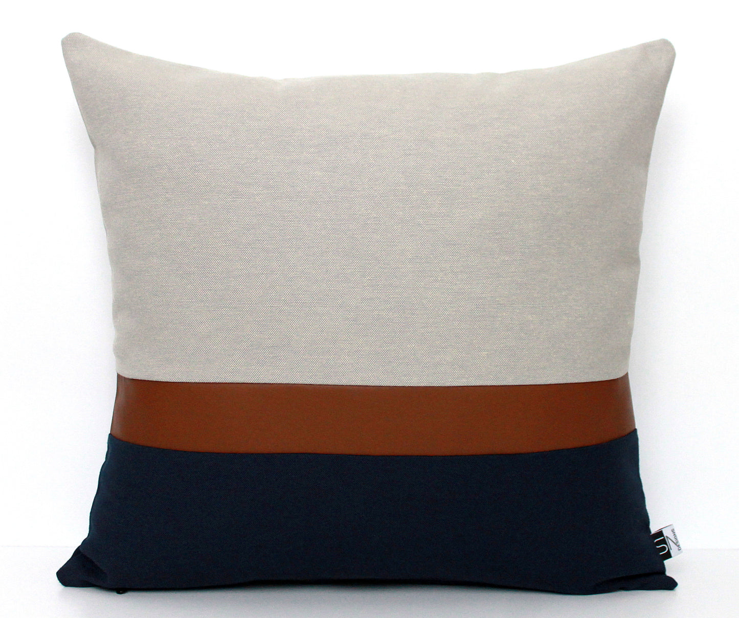 Light Grey, Navy Blue and Brown Faux Leather Colorblock Pillow Cover