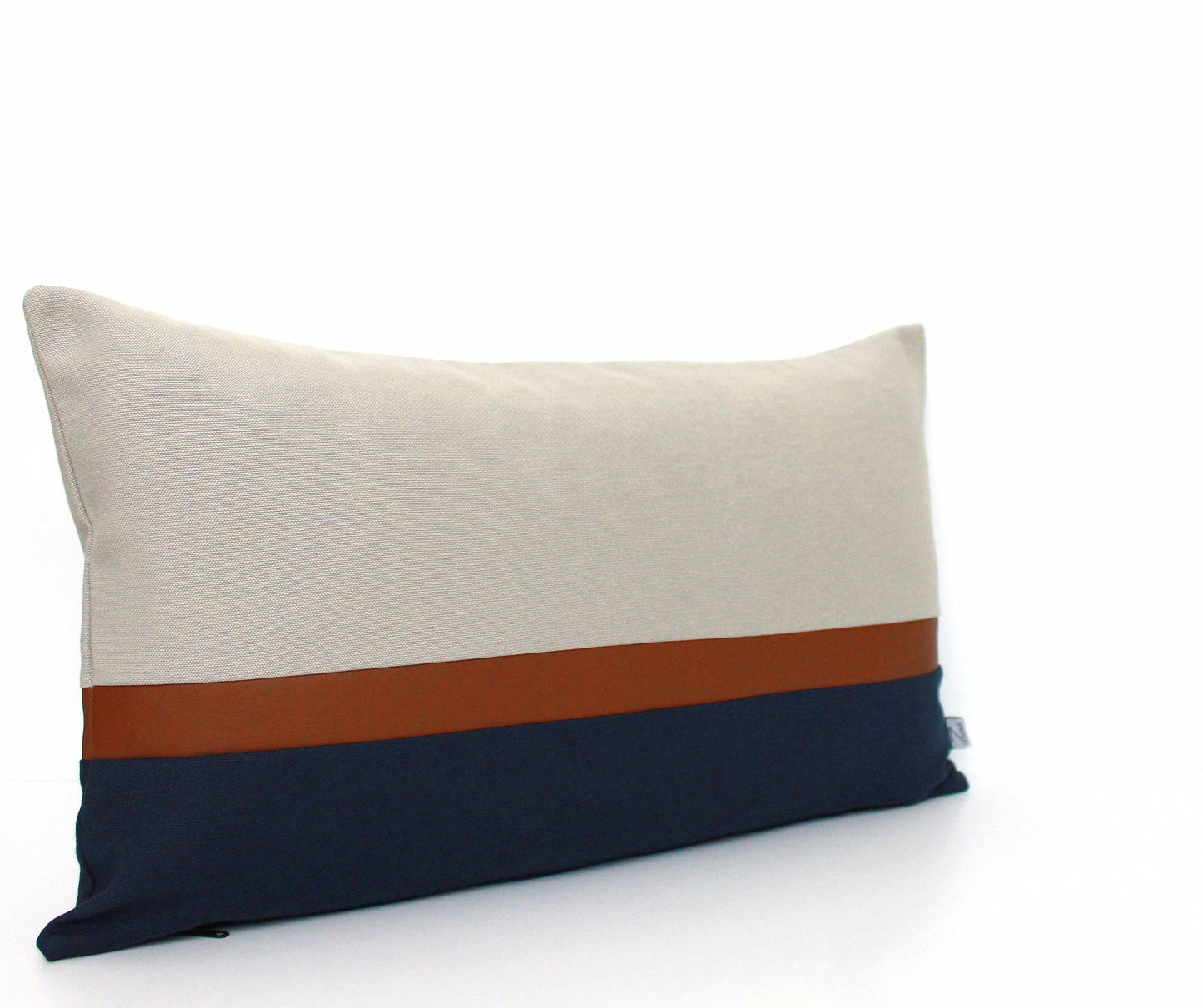Light Grey, Navy Blue and Brown Faux Leather Colorblock Pillow Cover