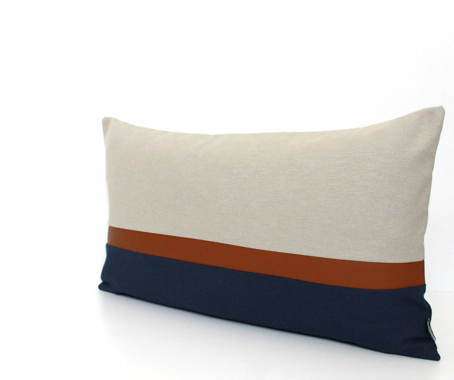 Light Grey, Navy Blue and Brown Faux Leather Colorblock Pillow Cover