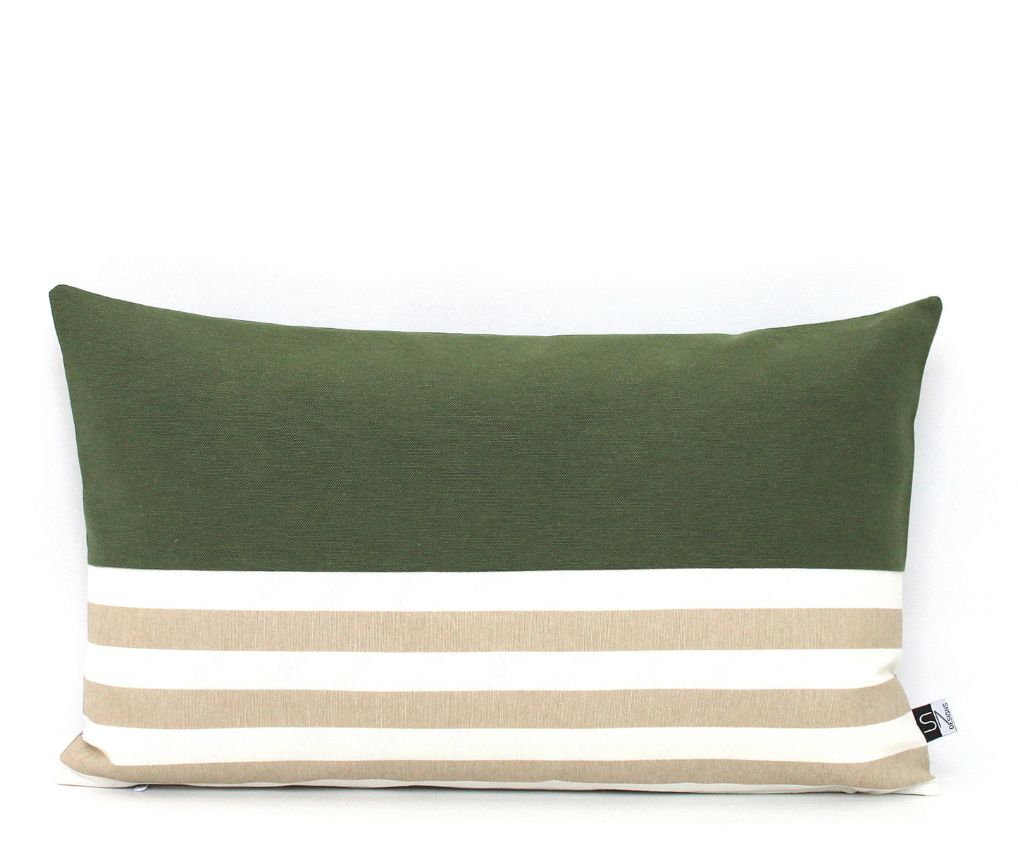 Olive Green With Beige and Off-White Stripes Colorblock Lumbar Pillow Cover