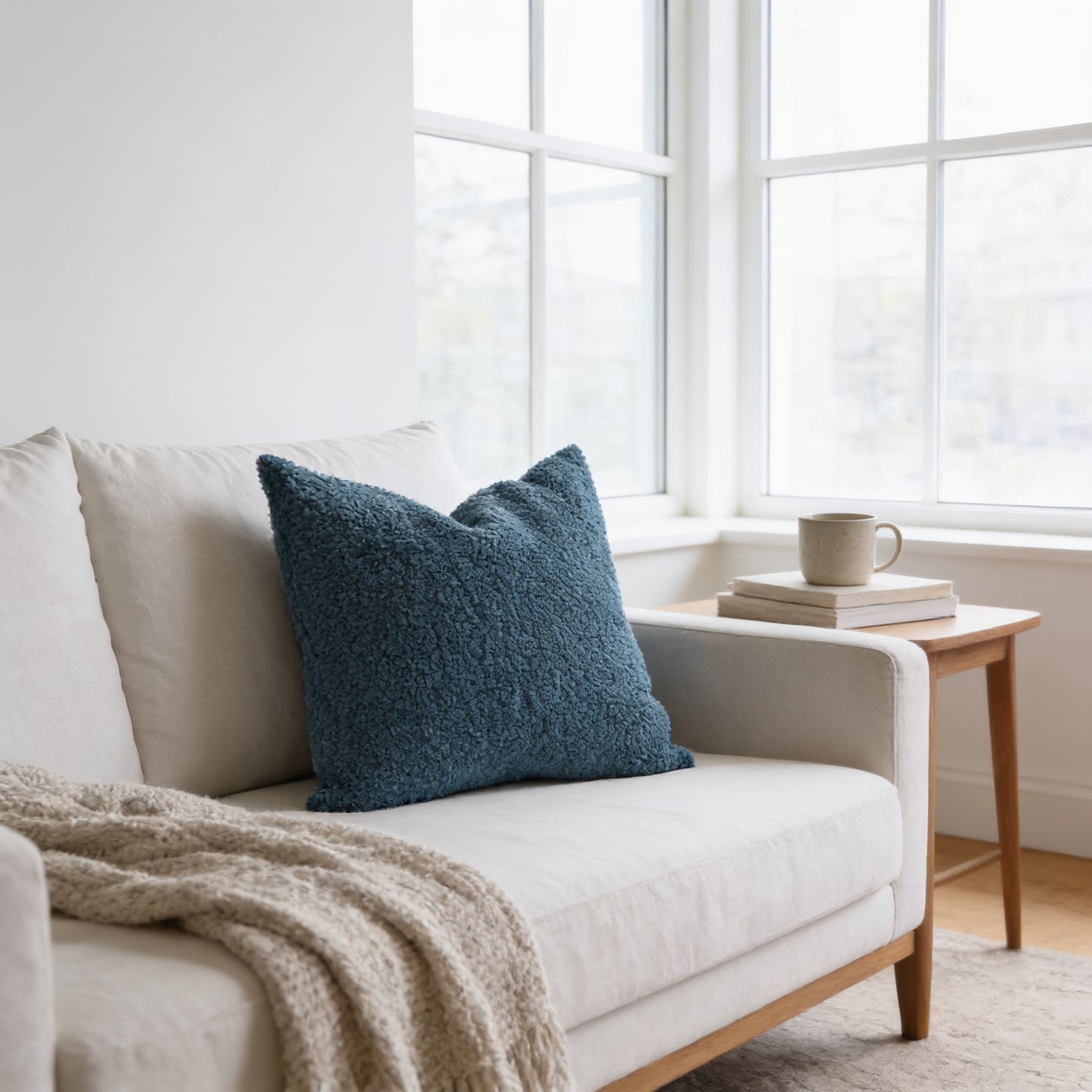 A cozy living room with a white sofa, a blue throw pillow, and a wooden side table with a coffee mug and books.