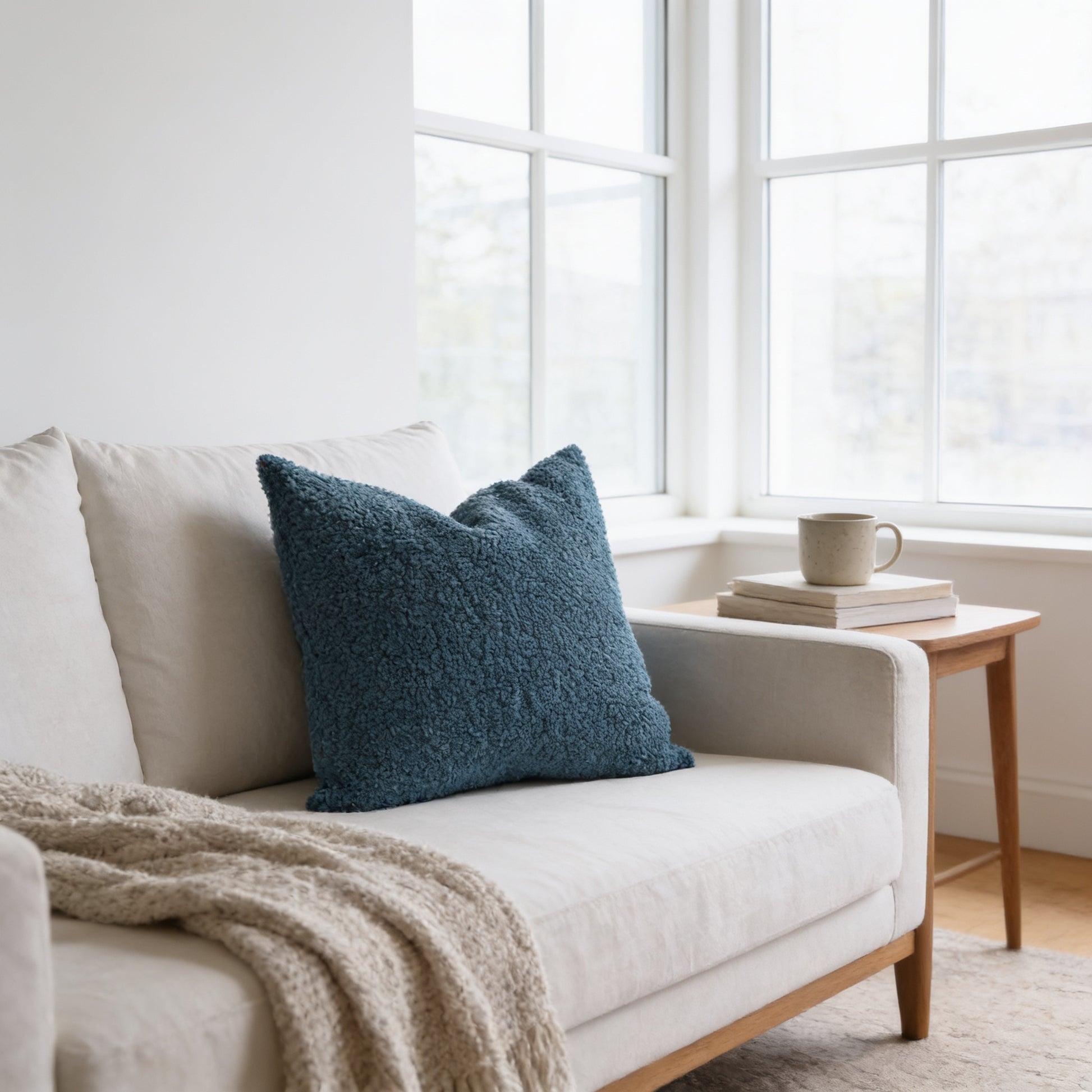 A cozy living room with a white sofa, a blue throw pillow, and a wooden side table with a coffee mug and books.