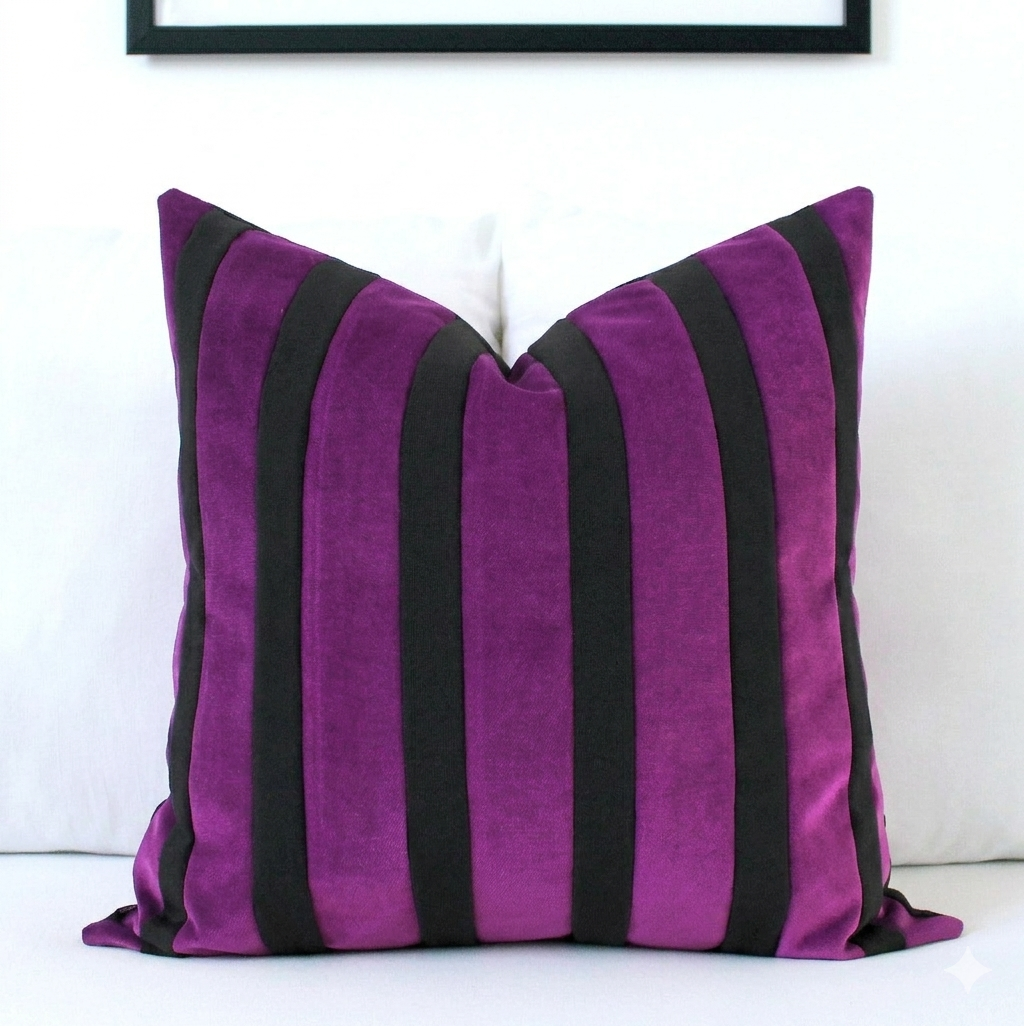Purple and Black Striped Velvet Color Block Throw Pillow Cover