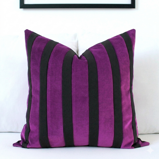 Purple and Black Striped Velvet Color Block Throw Pillow Cover
