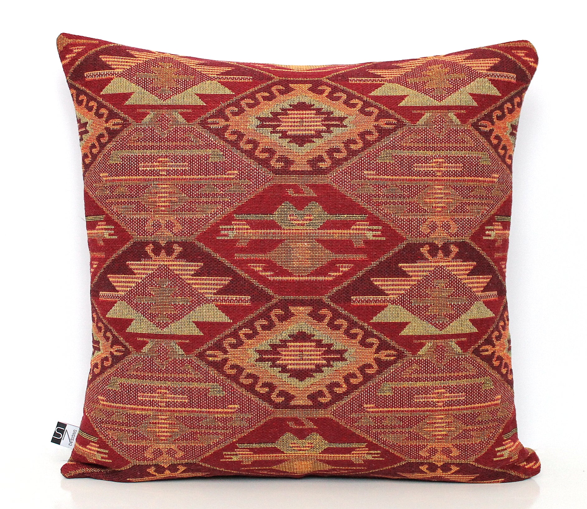 Burgundy Turkish kilim lumbar cushion cover on sofa