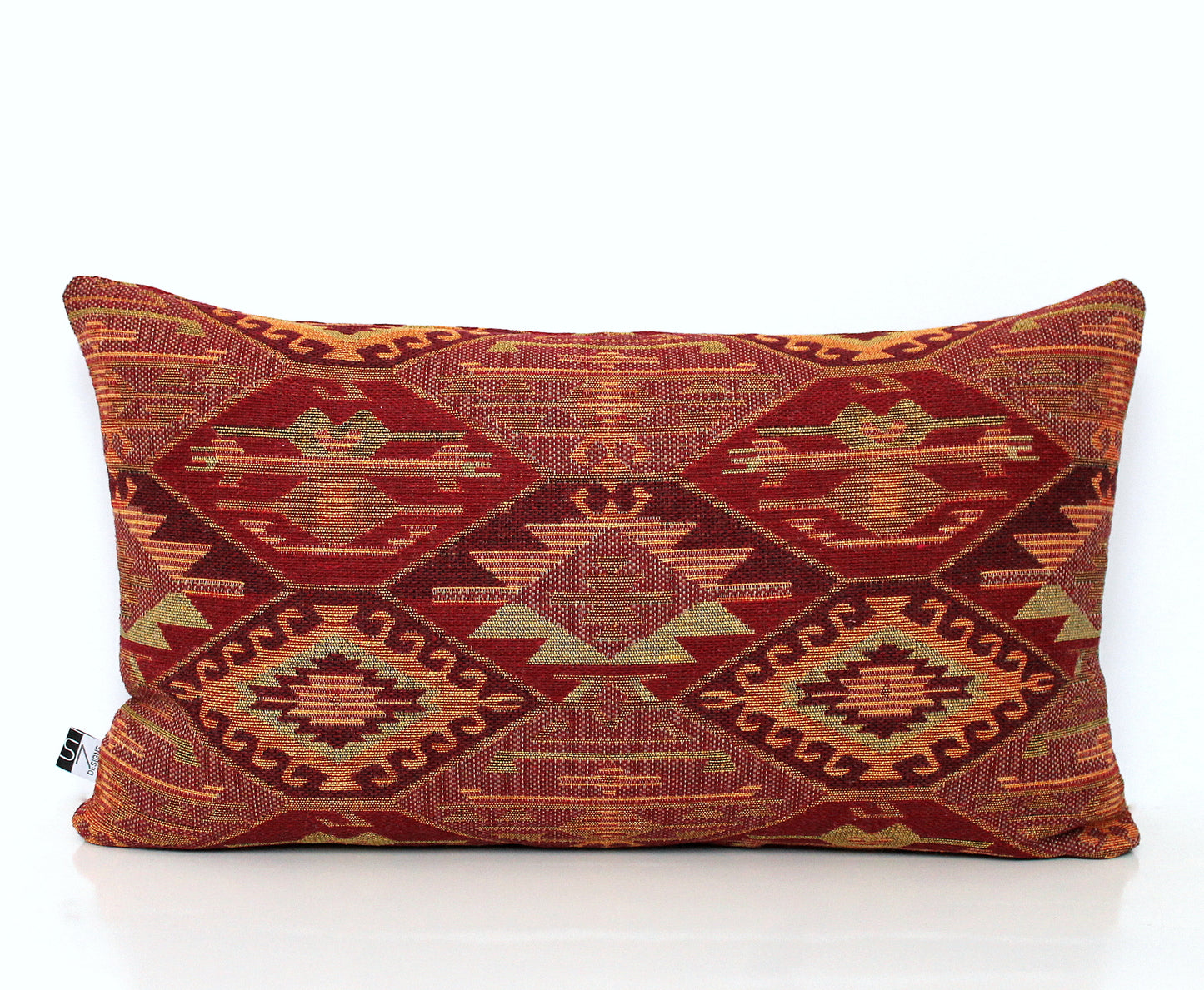 Burgundy Turkish kilim lumbar cushion cover on sofa