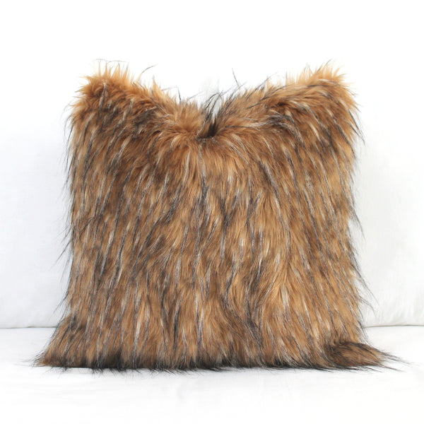 Brown Wolf Faux Fur Pillow Cover - Custom Backing Color