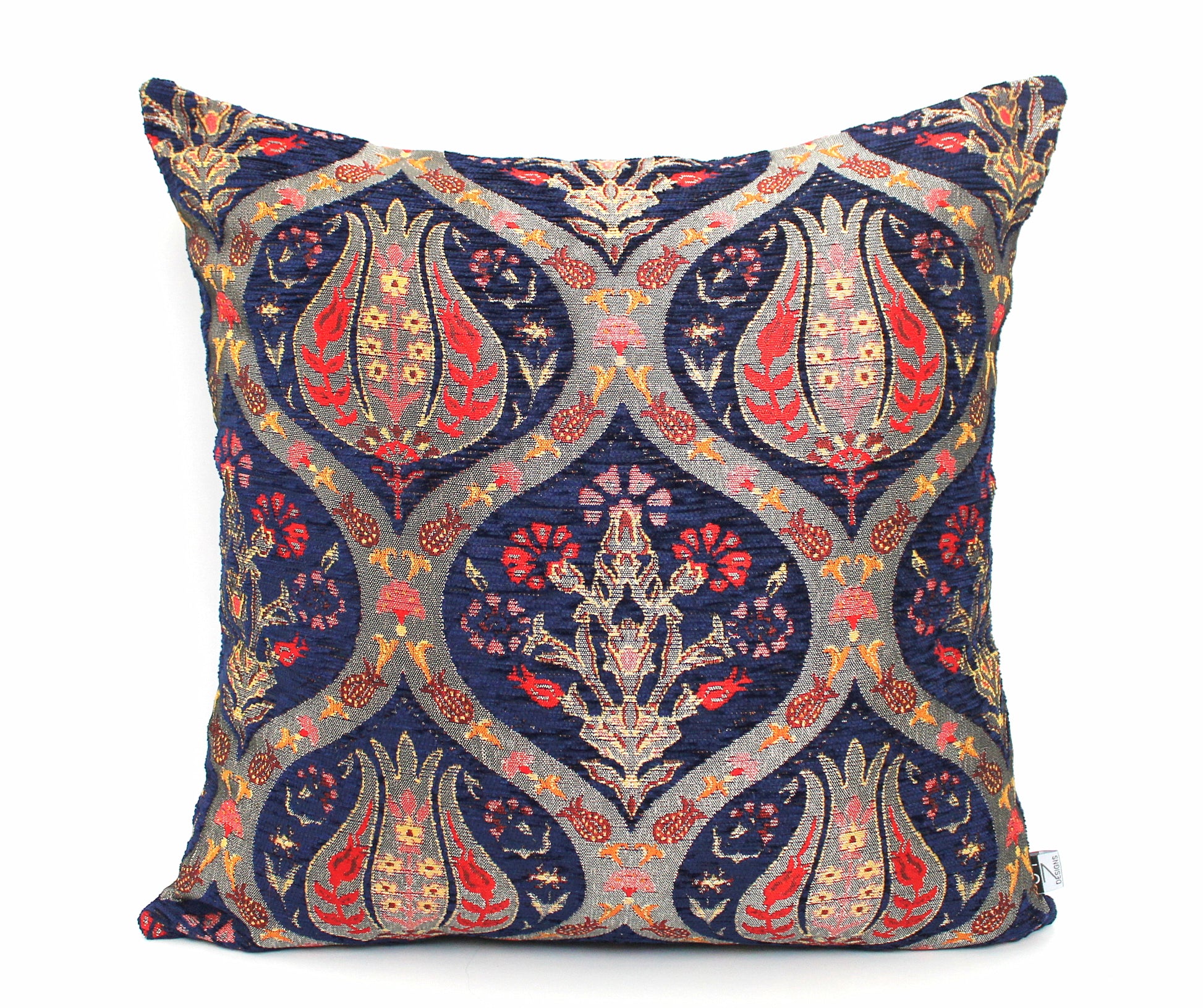 Navy blue and gold chenille pillow cover, Gorgeous textured Turkish Kilim with traditional tulip motifs.  All orders ship fast with UPS express.