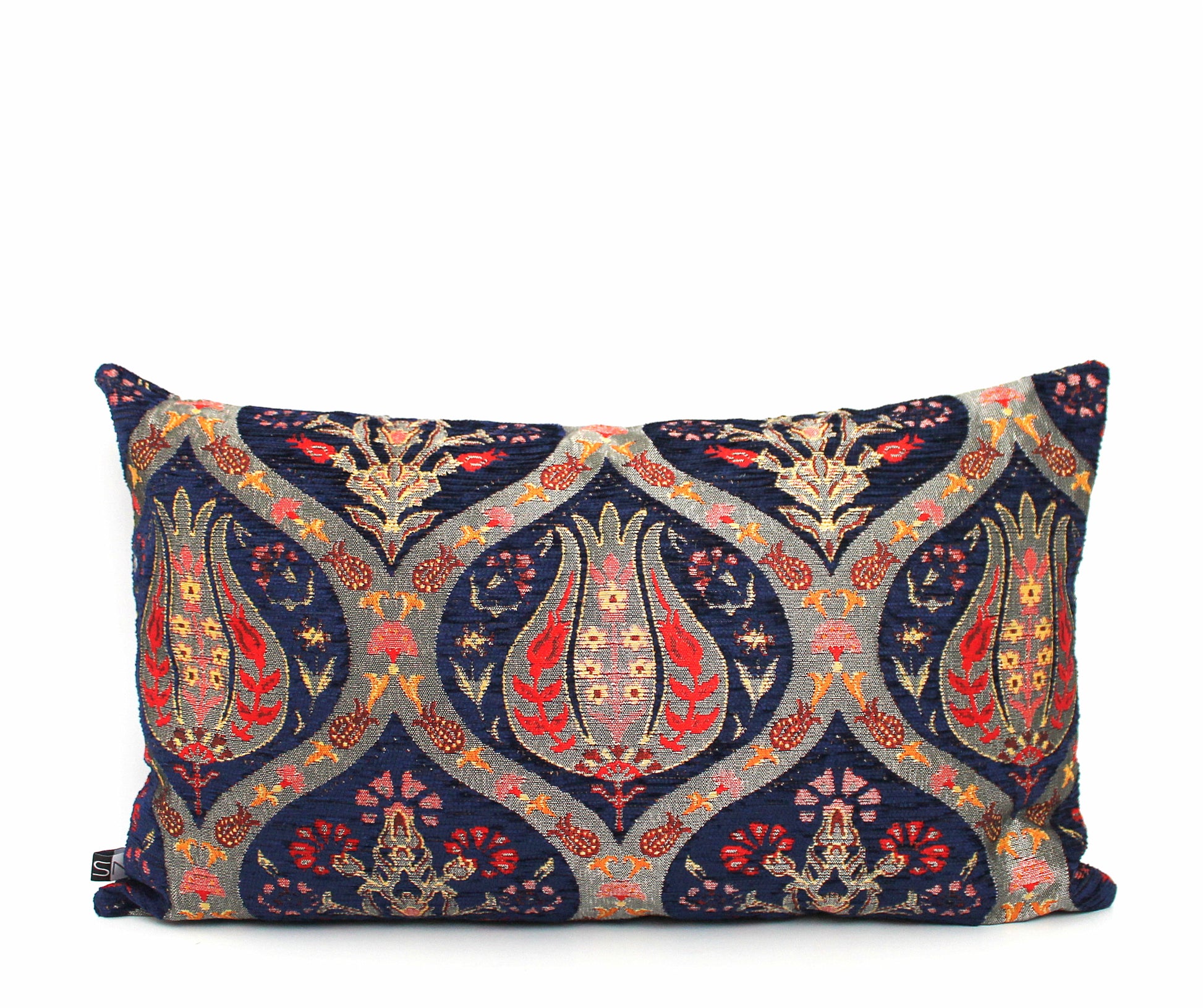 Navy blue and gold chenille pillow cover, Gorgeous textured Turkish Kilim with traditional tulip motifs.  All orders ship fast with UPS express.