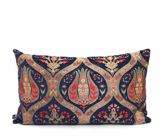 Navy blue and gold chenille pillow cover, Gorgeous textured Turkish Kilim with traditional tulip motifs.  All orders ship fast with UPS express.