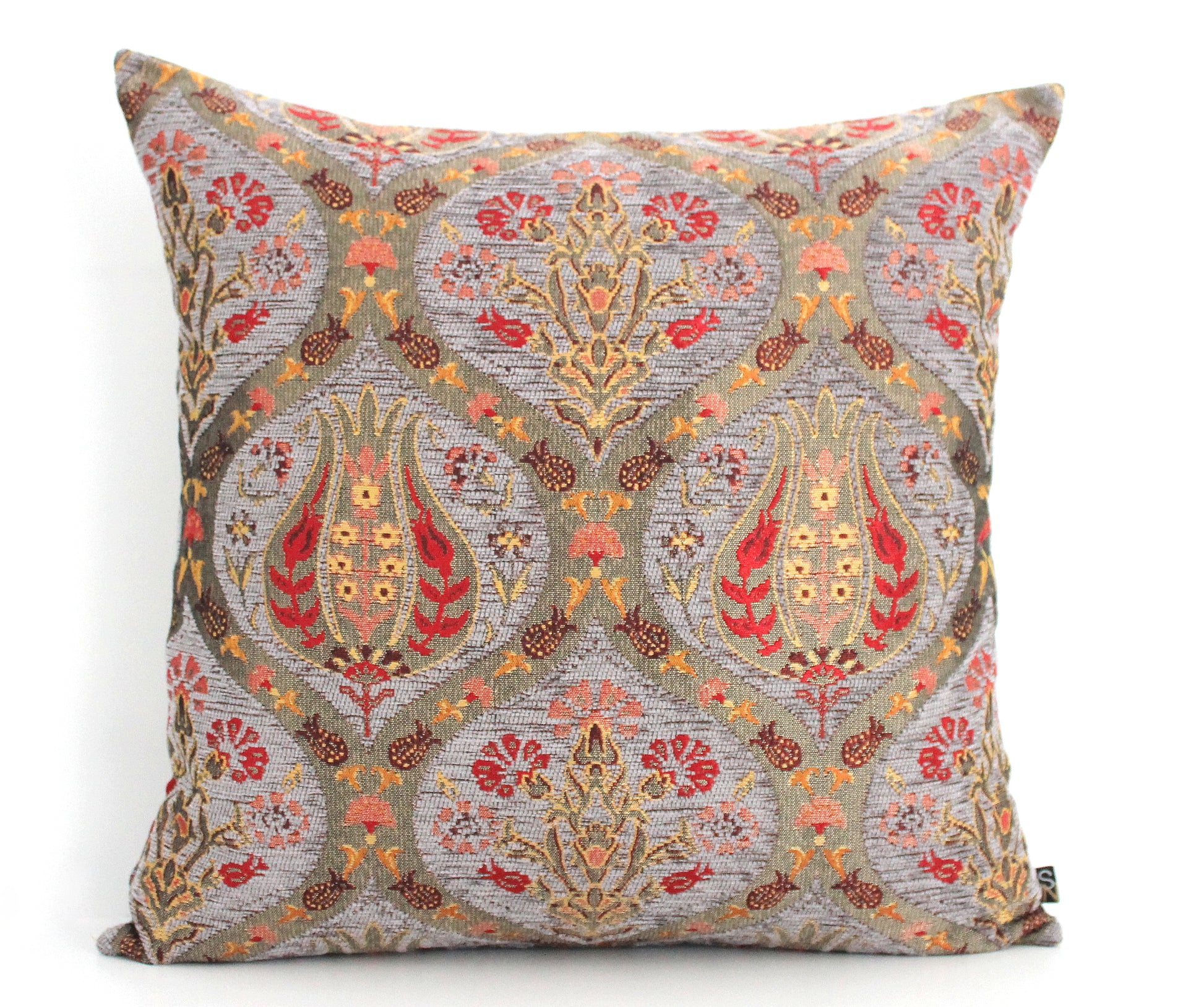 Grey chenille pillow cover with gold detailed tulip patterns, authentic high quality Turkish design, affordable and timeless.