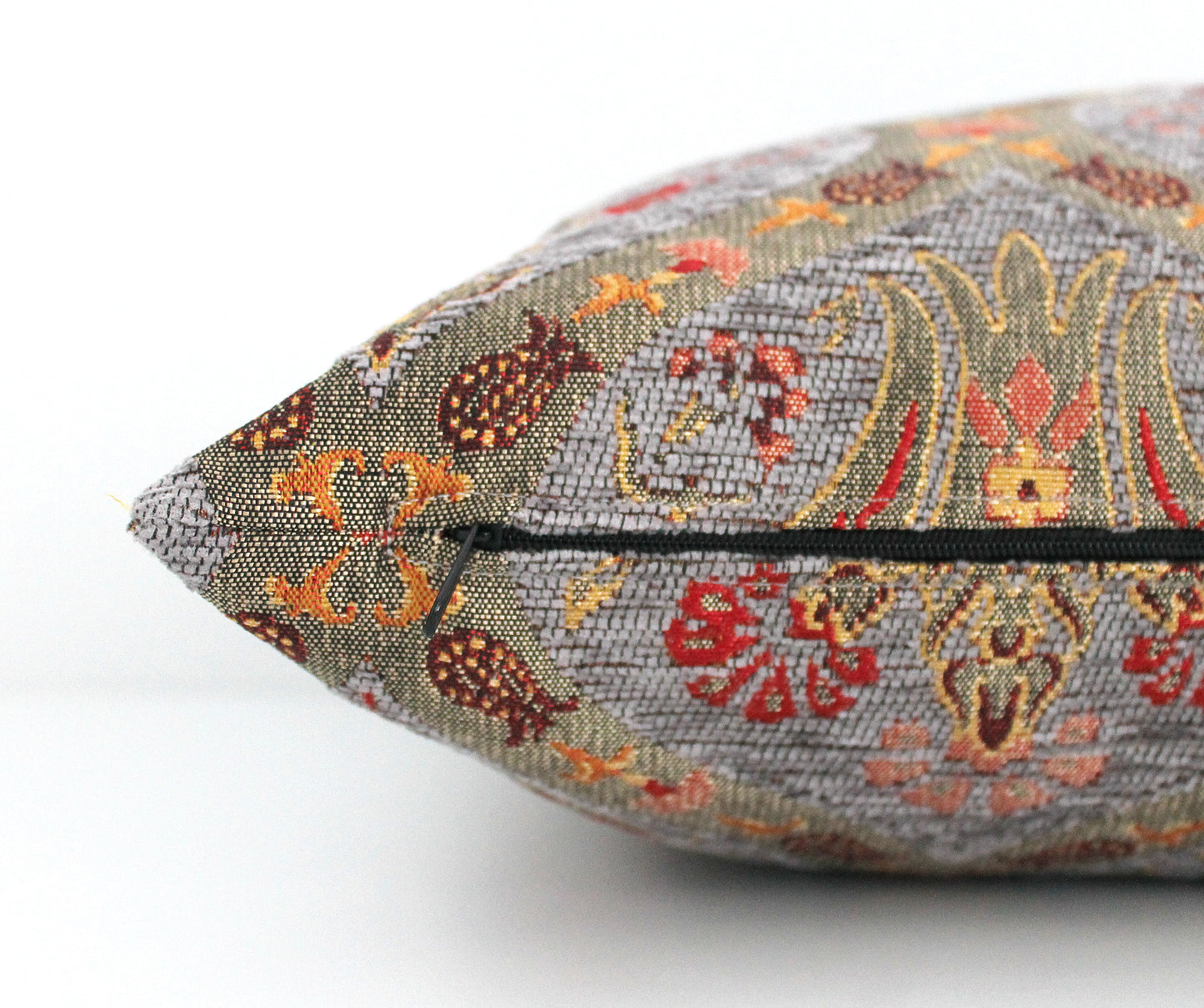 Grey chenille pillow cover with gold detailed tulip patterns, authentic high quality Turkish design, affordable and timeless.