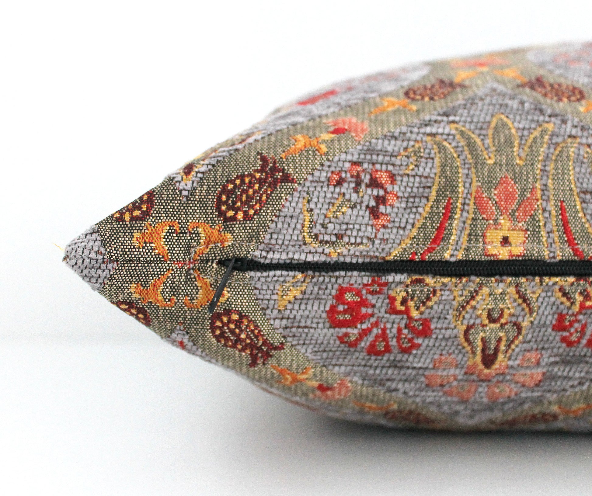 Grey chenille pillow cover with gold detailed tulip patterns, authentic high quality Turkish design, affordable and timeless.