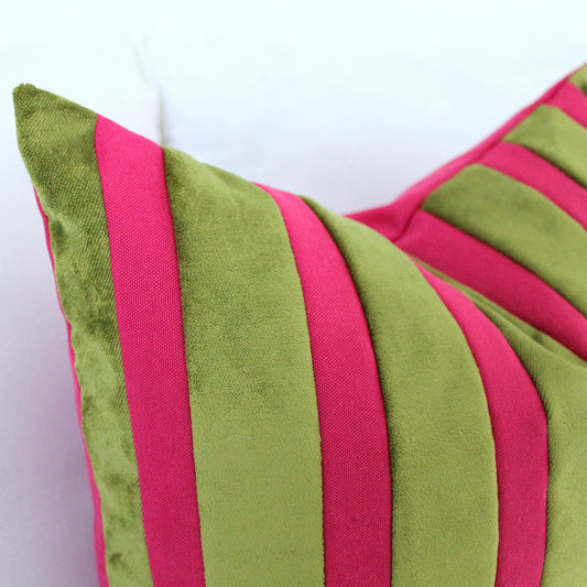 Magenta Pink and Pistachio Green Striped Velvet Color Block Throw Pillow Cover