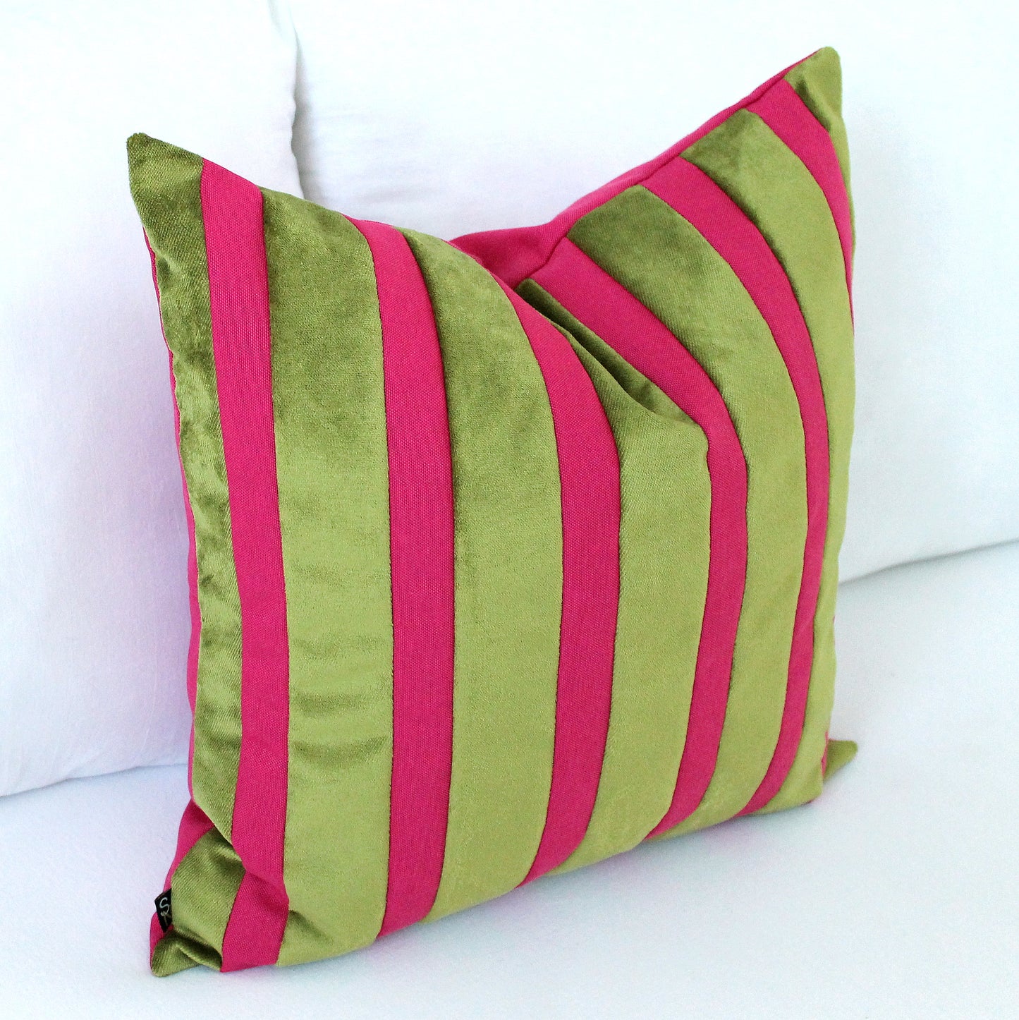 Magenta Pink and Pistachio Green Striped Velvet Color Block Throw Pillow Cover