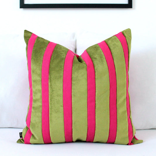 Magenta Pink and Pistachio Green Striped Velvet Color Block Throw Pillow Cover