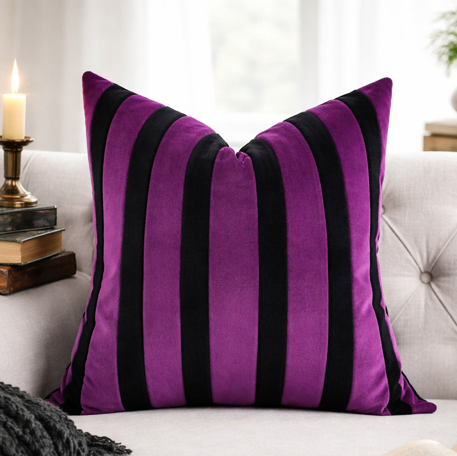 Purple and Black Striped Velvet Color Block Throw Pillow Cover