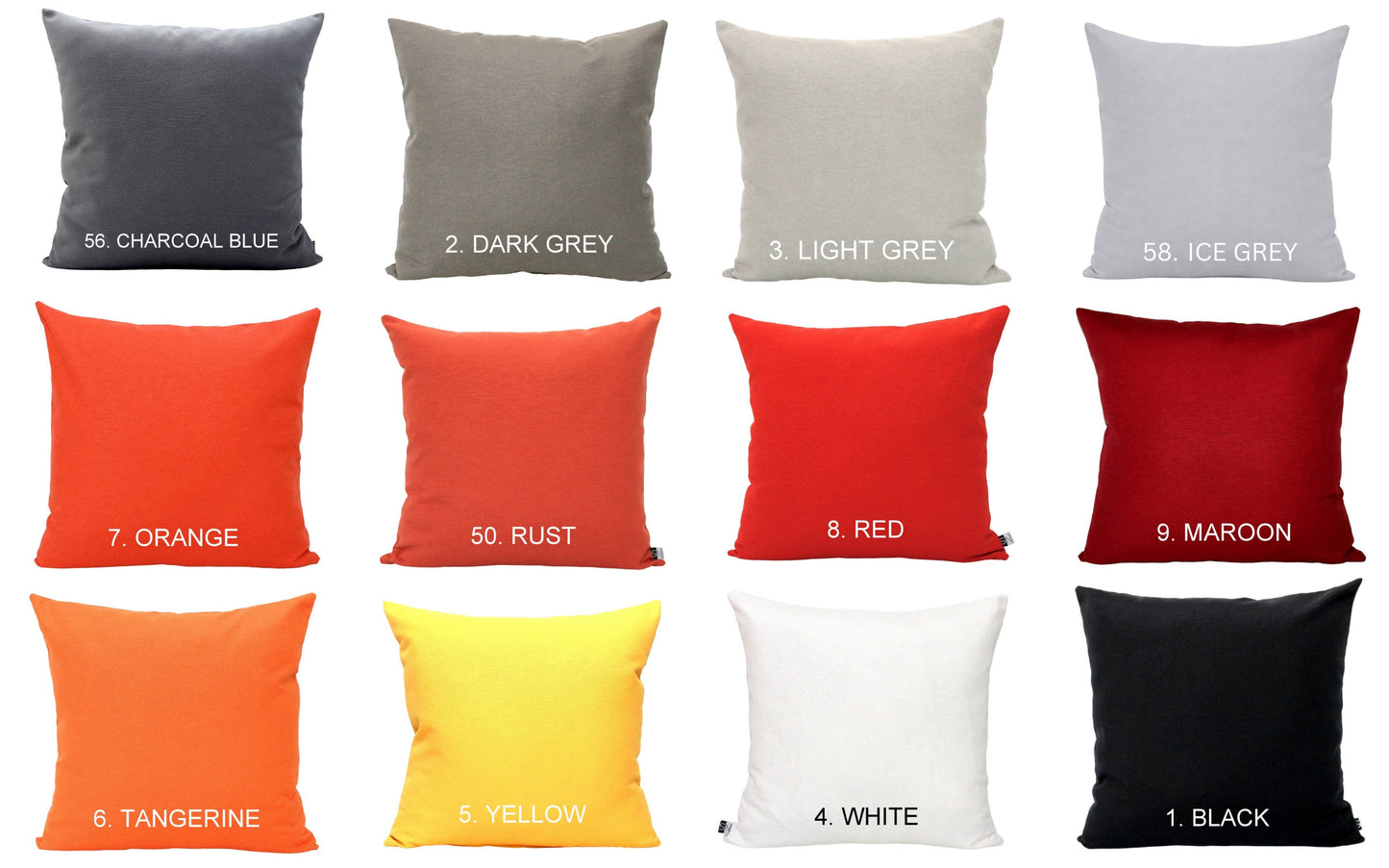 A grid of twelve square throw pillows in different colors, labeled with color names and numbers. The colors include charcoal blue, dark grey, light grey, ice grey, orange, rust, red, maroon, tangerine, yellow, white, and black, shown on a plain white background.