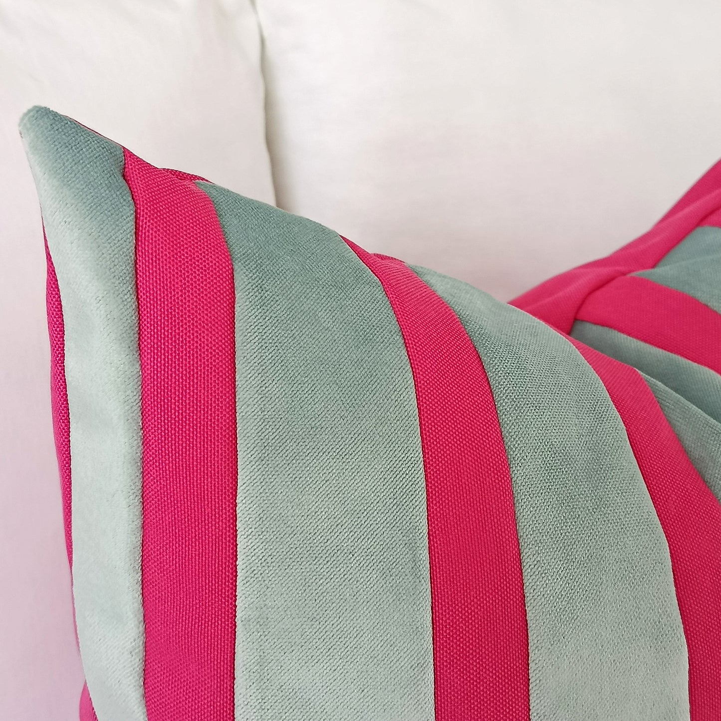 Aqua Glass & Magenta Hot Pink Striped Velvet Color Block Throw Pillow Cover