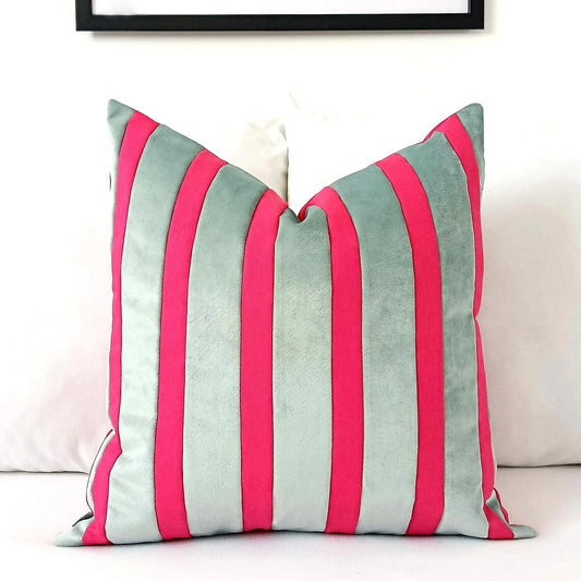 Aqua Glass & Magenta Hot Pink Striped Velvet Color Block Throw Pillow Cover