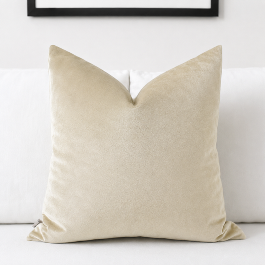 Bone beige velvet pillow cover in warm sand neutral tone, luxury cream cushion for modern minimalist decor.