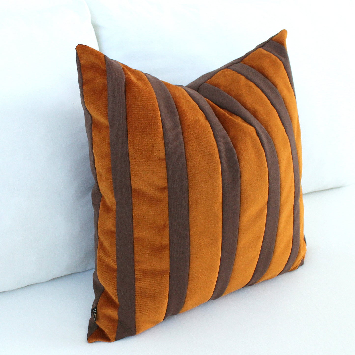 Burnt Orange and Dark Brown Striped Velvet Color Block Throw Pillow Cover