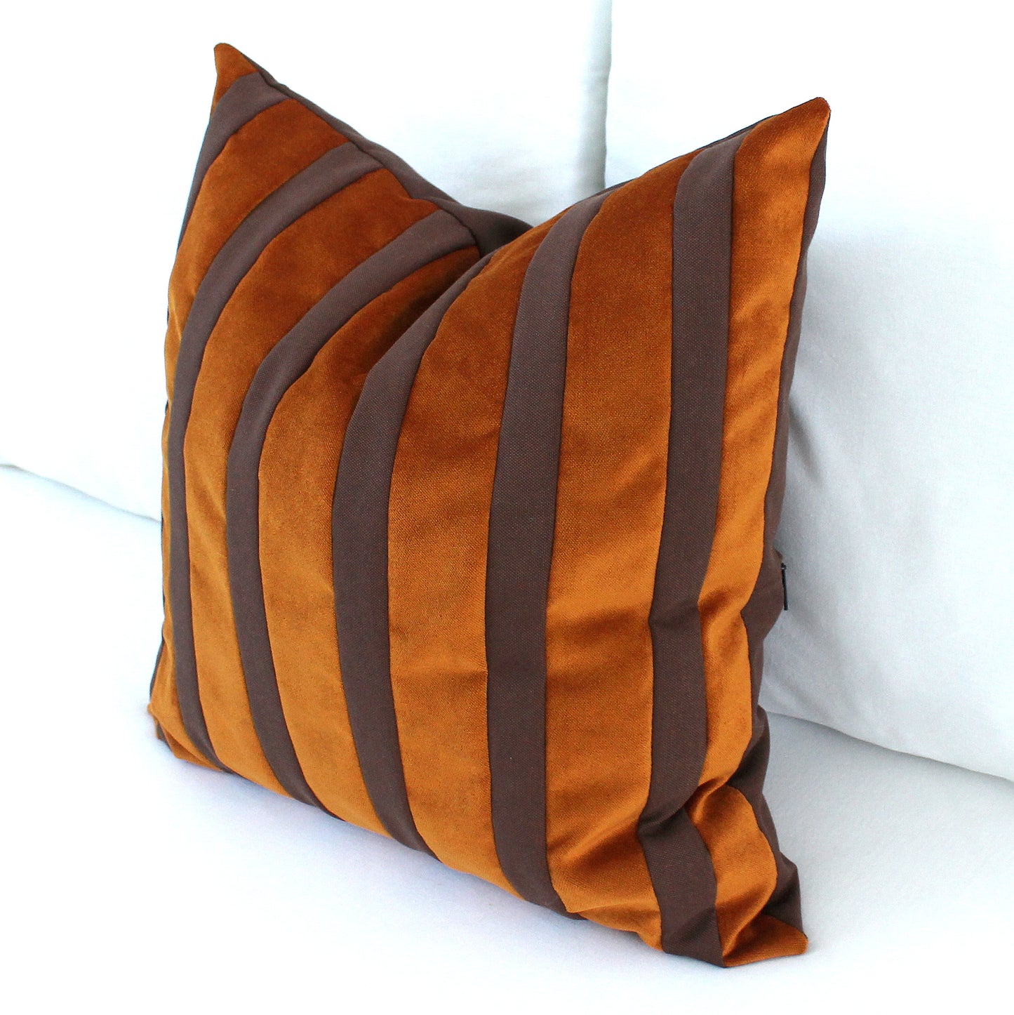 Burnt Orange and Dark Brown Striped Velvet Color Block Throw Pillow Cover