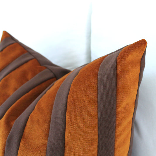 Burnt Orange and Dark Brown Striped Velvet Color Block Throw Pillow Cover