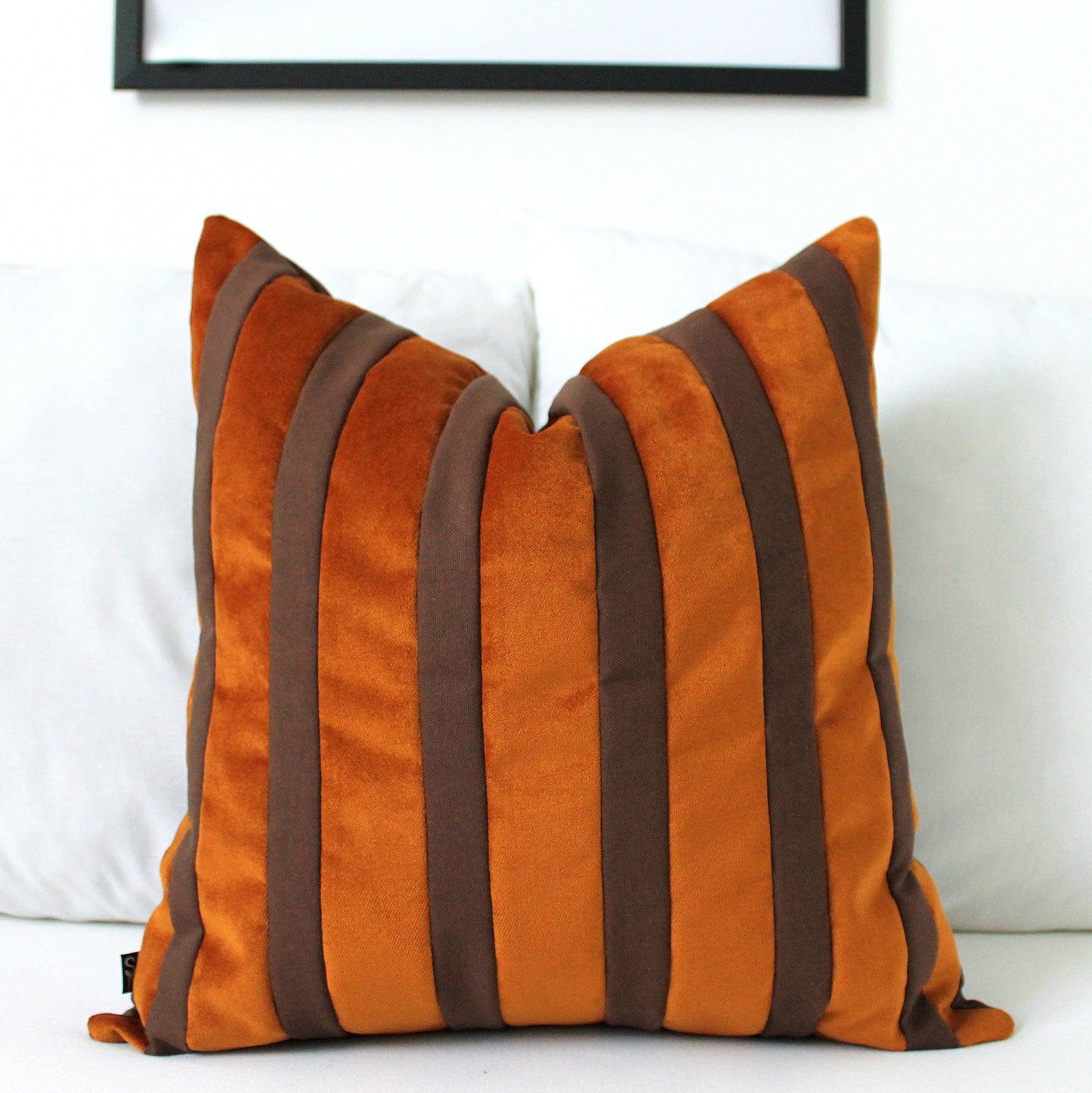 Burnt Orange and Dark Brown Striped Velvet Color Block Throw Pillow Cover