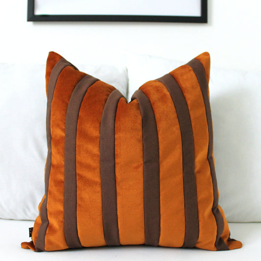 Burnt Orange and Dark Brown Striped Velvet Color Block Throw Pillow Cover
