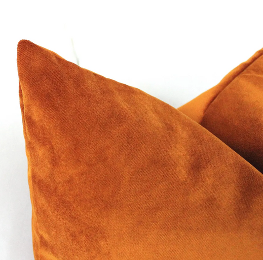 burnt orange velvet pillow cover in warm rust terracotta tone, cozy accent cushion for neutral sofa and autumn home styling