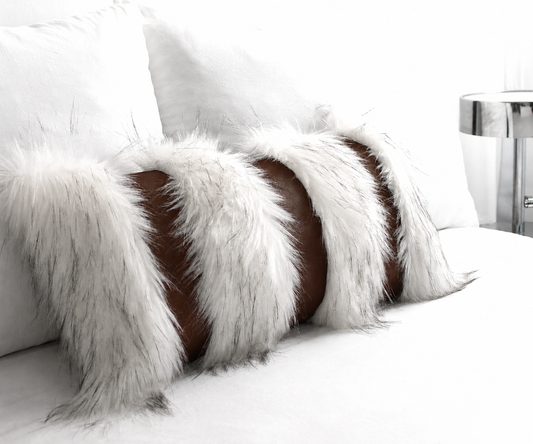 Chestnut brown faux leather and Snow Fox faux fur pillow cover with seven alternating stripes
