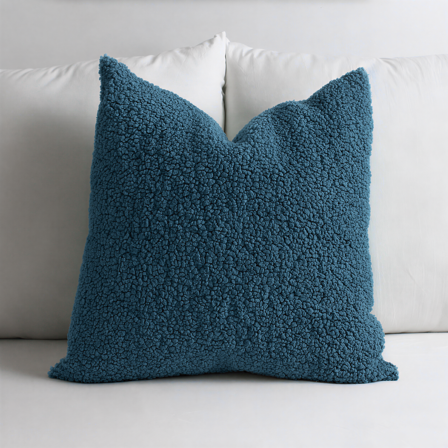 A blue, textured throw pillow sits on a white bed, contrasting with the white pillows behind it.