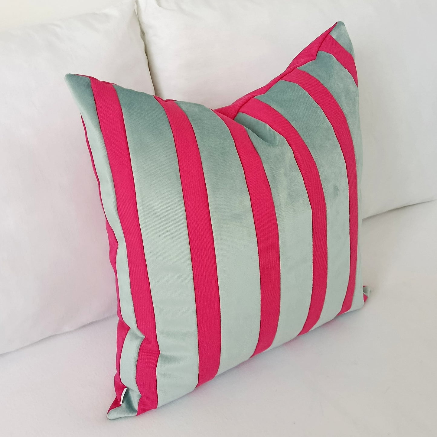 Aqua Glass & Magenta Hot Pink Striped Velvet Color Block Throw Pillow Cover