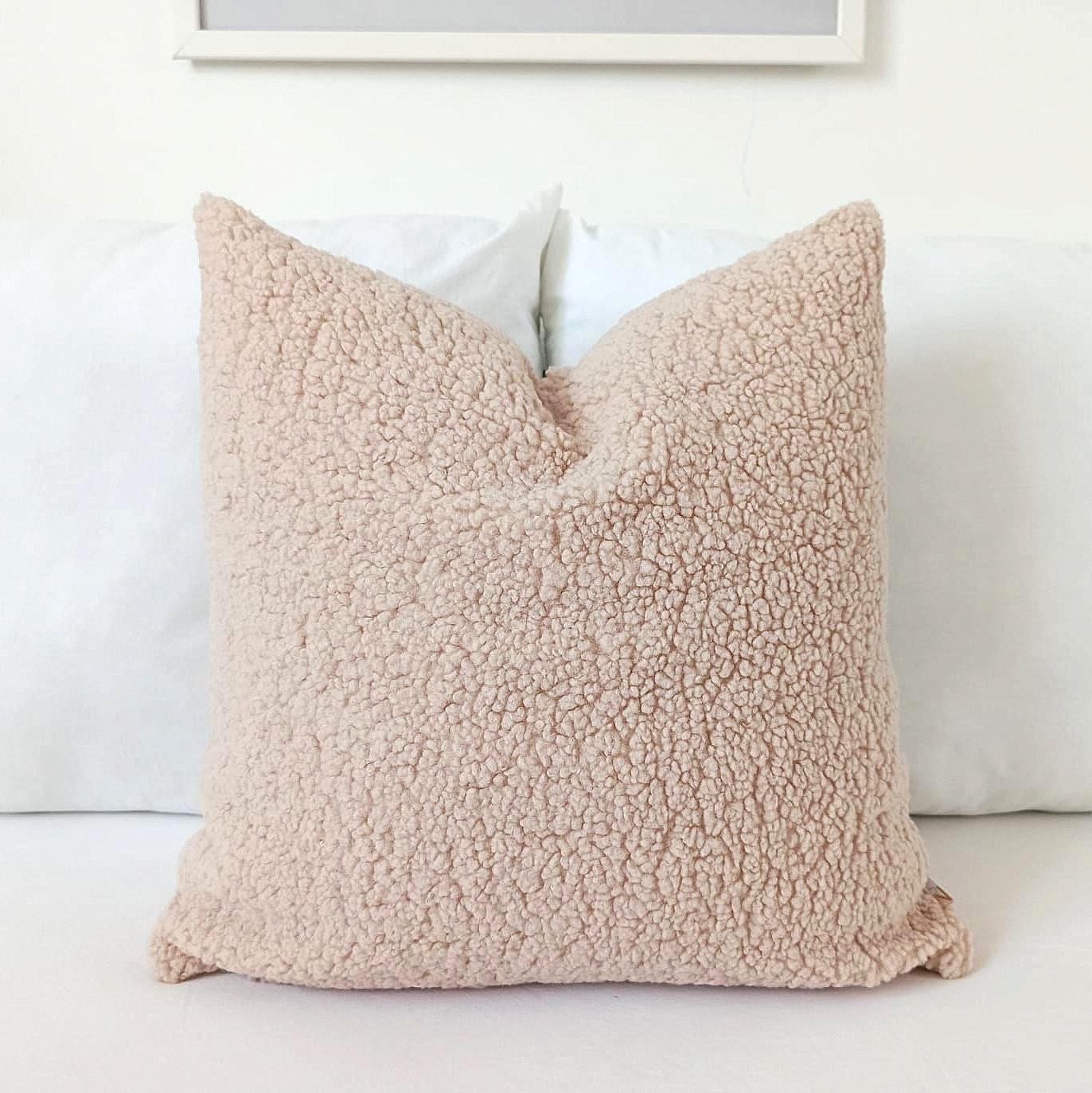 Champagne teddy bouclé pillow cover with soft plush texture, shown as a decorative throw cushion