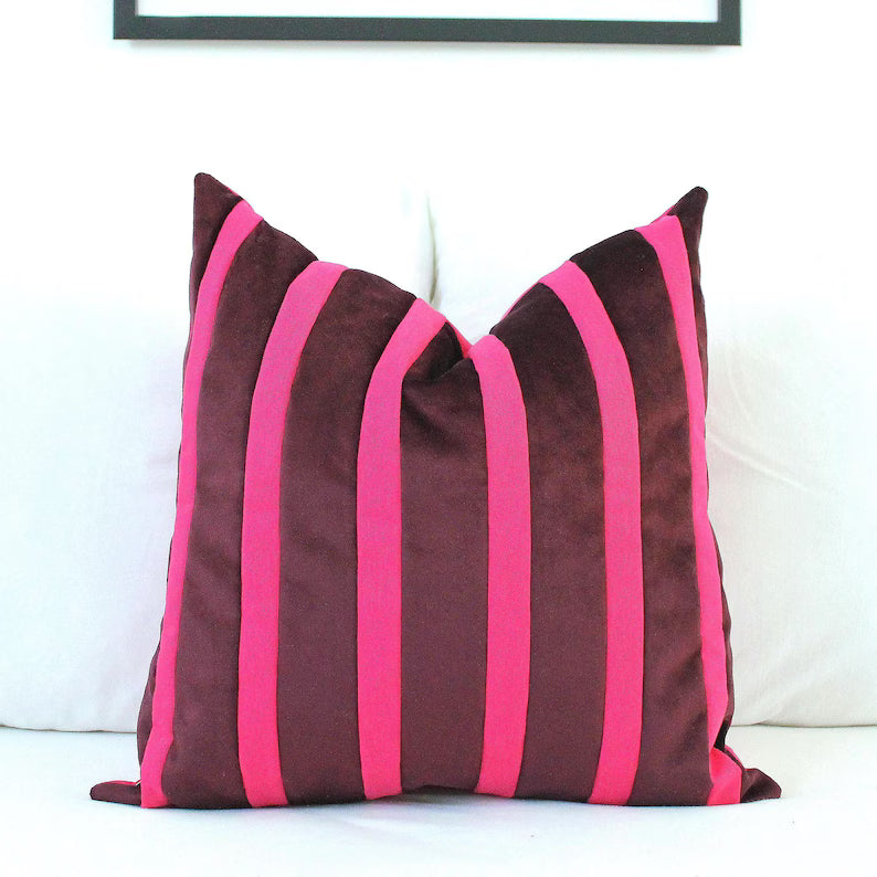 Magenta Pink and Bordeaux Striped Velvet Color Block Throw Pillow Cover