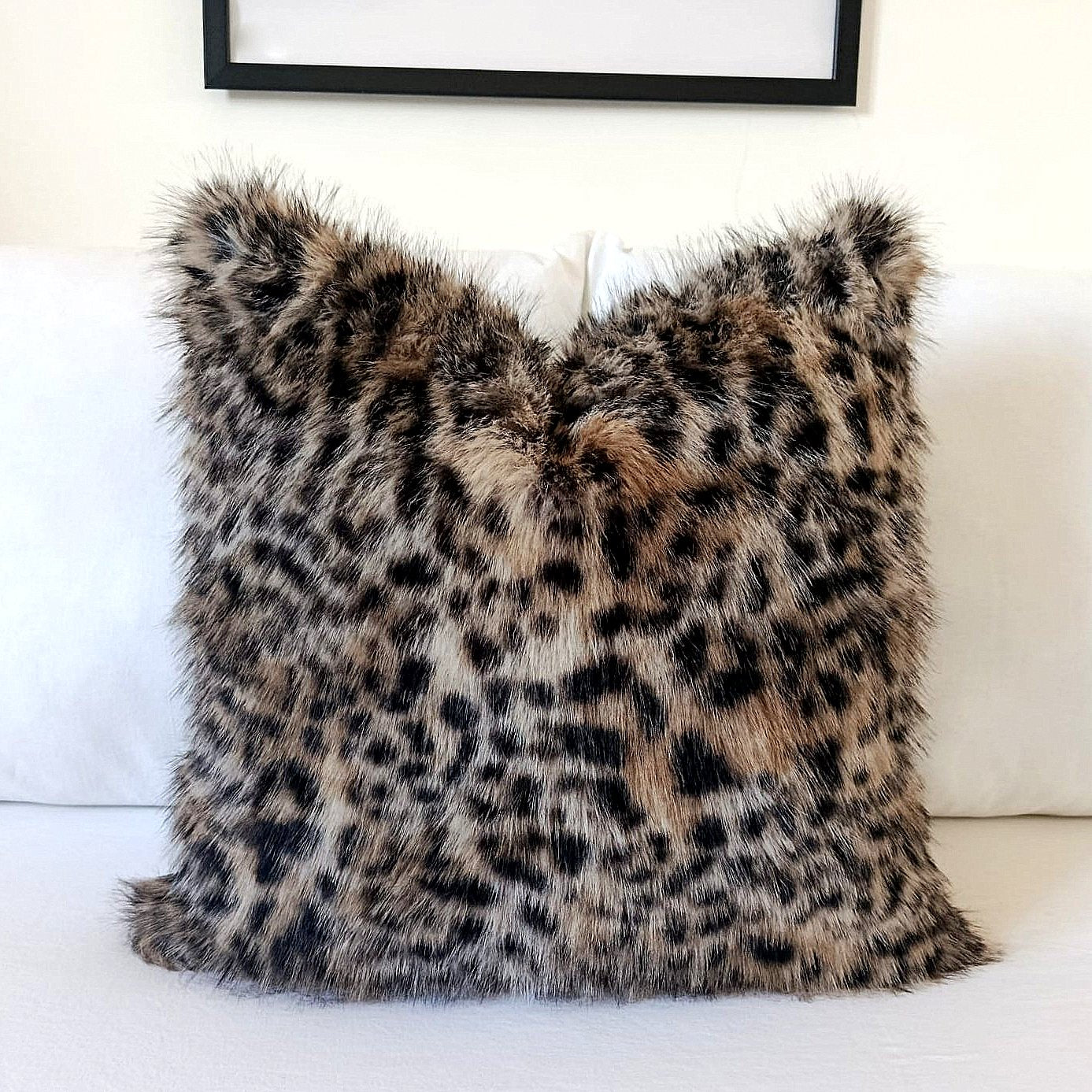 Natural Faux Fur Leopard Pillow Cover with custom color backing, luxury shaggy cheetah cushion cover for sofa, bed or accent chair.